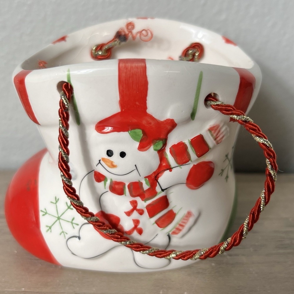 Snowman Christmas Ceramic Boot Basket‎ w/ Rope Handle Holiday Candy Holder Y2K